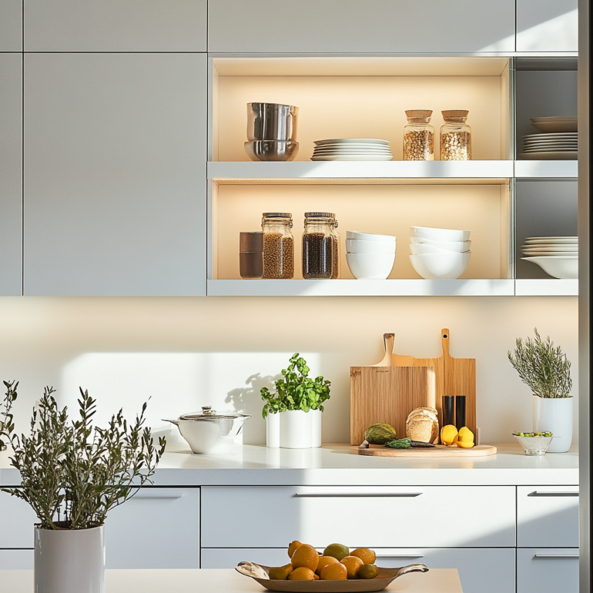 Modern kitchen with frameless cabinets and open shelving for storage.