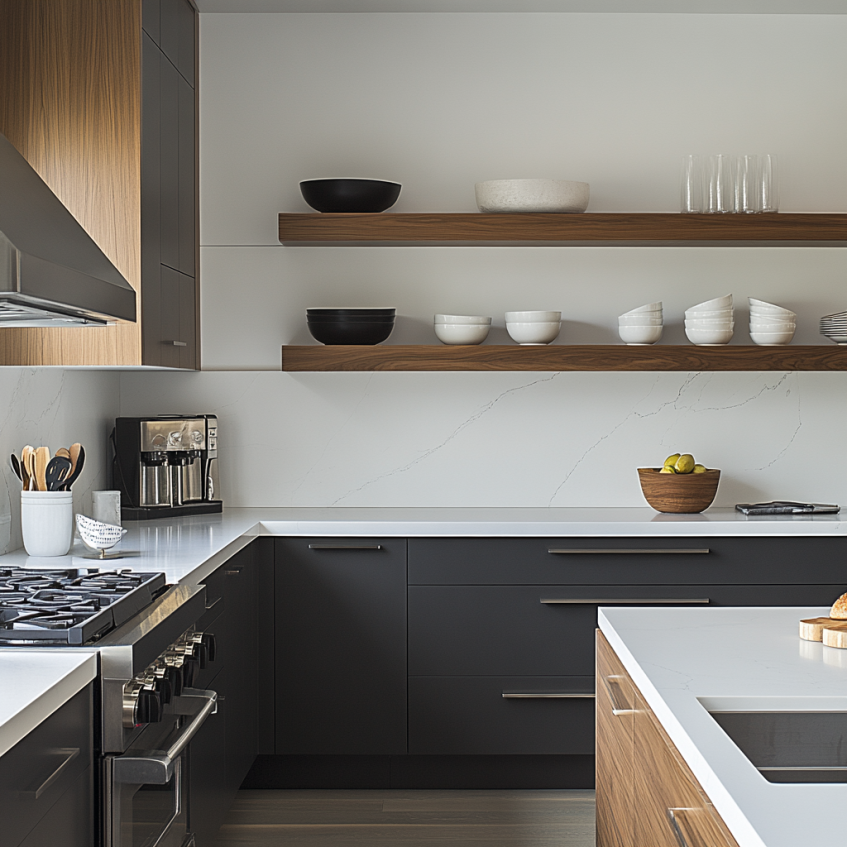 Frameless kitchen cabinets with a floating design and illuminated shelving.