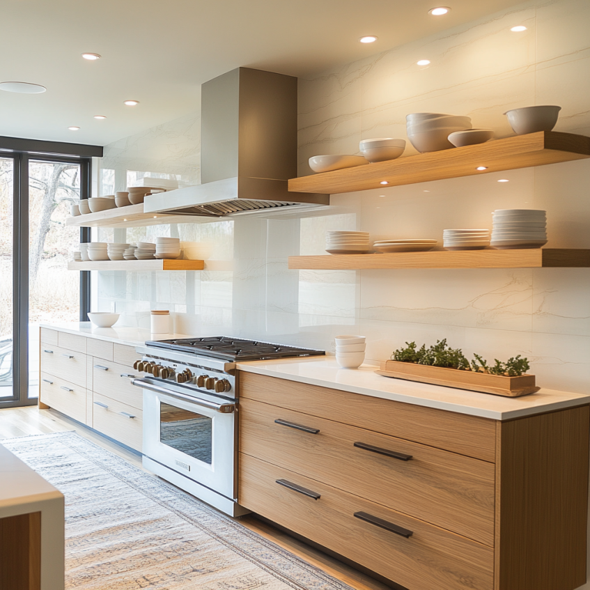 Frameless kitchen cabinets and open shelves with a clean, modern design.
