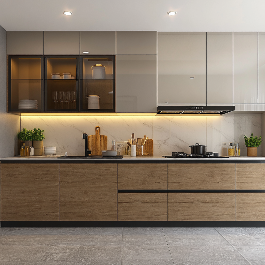 Modern kitchen with frameless cabinets and glass insert doors.