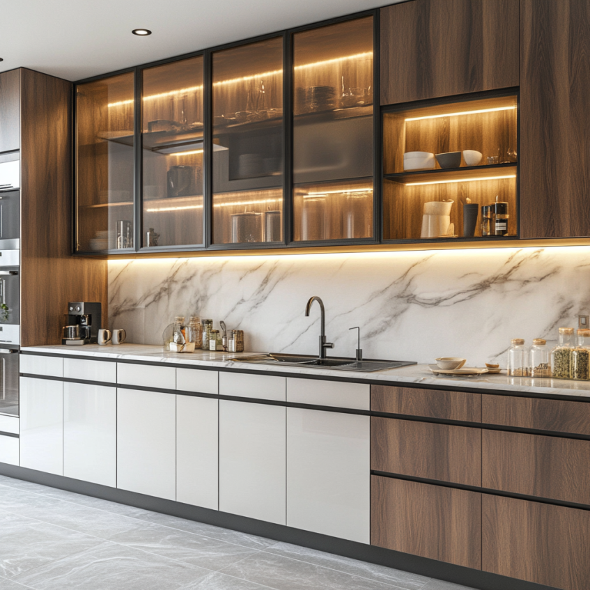 Frameless RTA kitchen cabinets with glass doors and LED lighting.