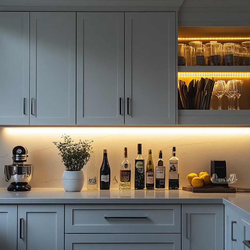 Frameless RTA kitchen cabinets with built-in LED lights for modern illumination.