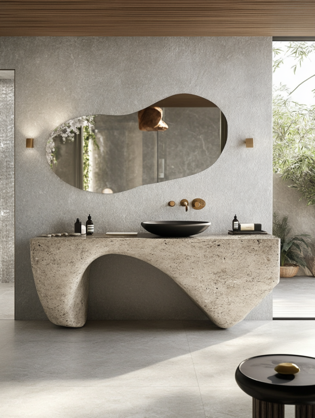 Freestanding hotel bathroom vanity with organic design and black sink.