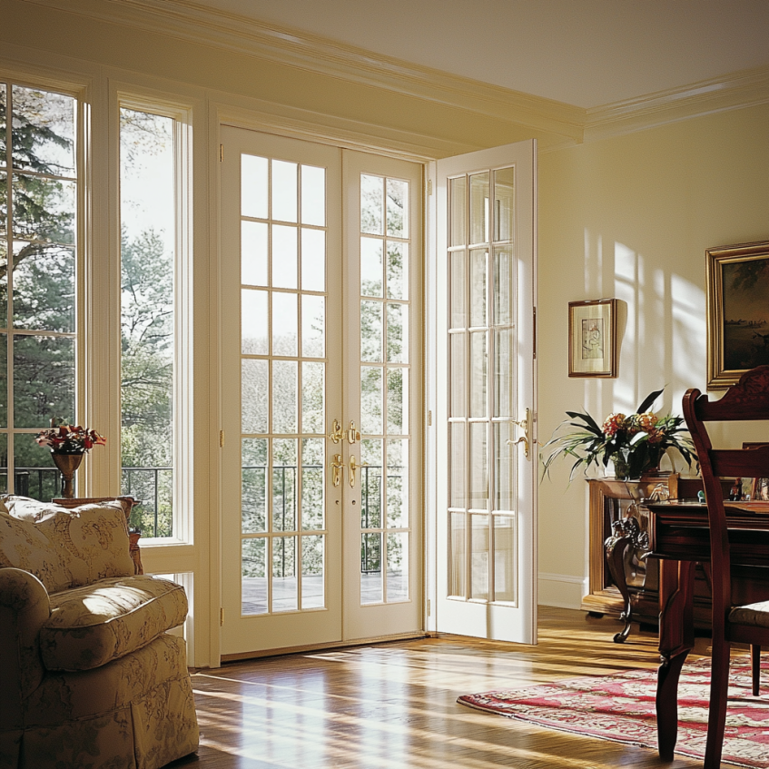 Elegant French interior doors with glass panels opening into a sunny living room with hardwood floors.