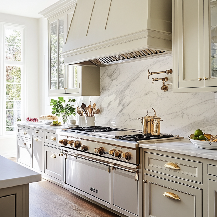Elegant kitchen with French-style cabinets in soft beige, featuring marble countertops and high-end appliances.