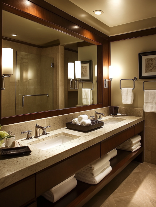Luxury hotel bathroom vanity with granite countertop and warm wood framing.