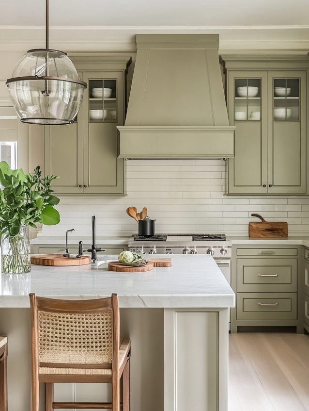 Green and greige kitchen with marble countertop, glass-fronted cabinets, and modern appliances