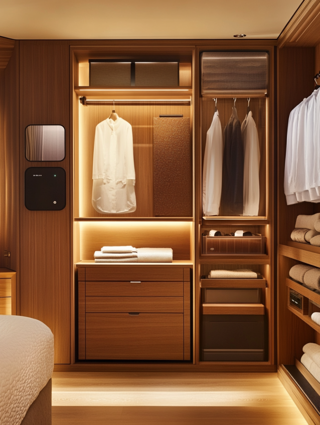 smart wooden closet with built-in lighting in luxury hotel