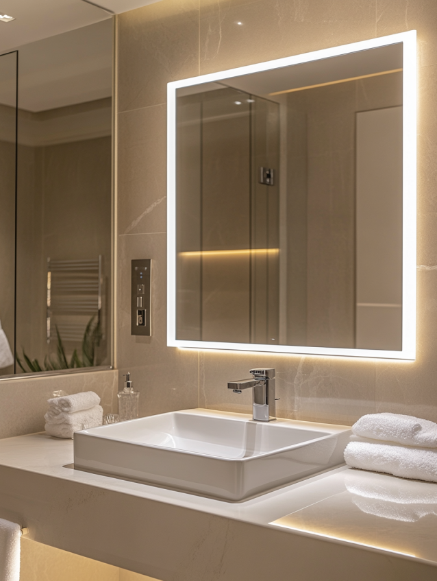 Modern bathroom with illuminated square mirror and minimalist sink.