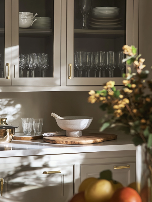Greige kitchen cabinets with glass doors, showcasing modern design and storage solutions