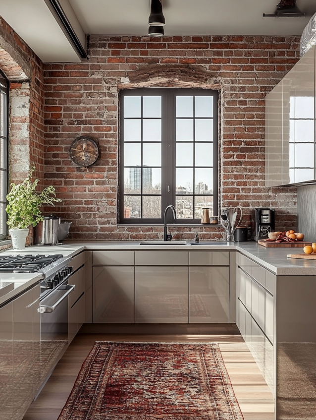 Industrial-style kitchen with greige cabinets, exposed brick walls, and a marble countertop