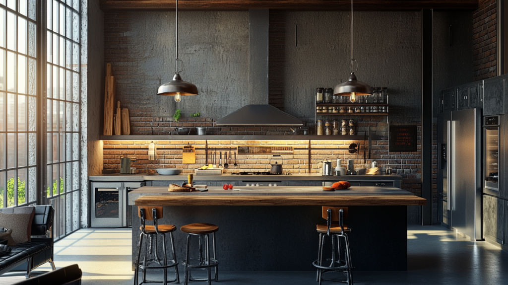 An industrial-style kitchen with a wood and metal island, offering a rugged aesthetic perfect for modern, urban spaces.