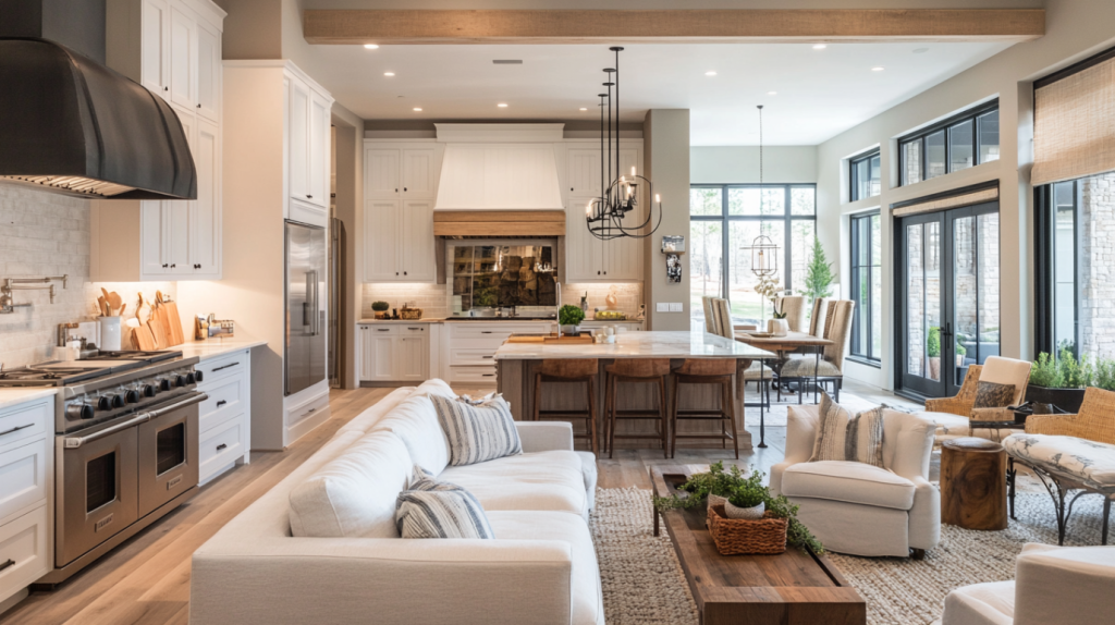 Transitional open‑concept kitchen and living area with white cabinets, wood beams, marble‑topped island with stools, and cozy seating filled with natural light.
