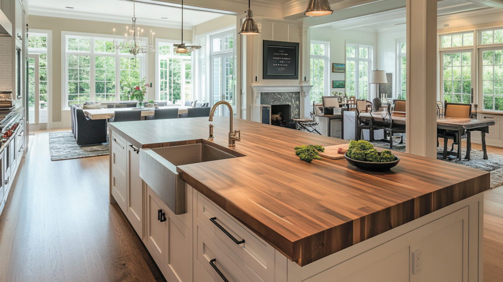 Large kitchen island with butcher block countertop, farmhouse sink and open‑concept layout with dining and living area.