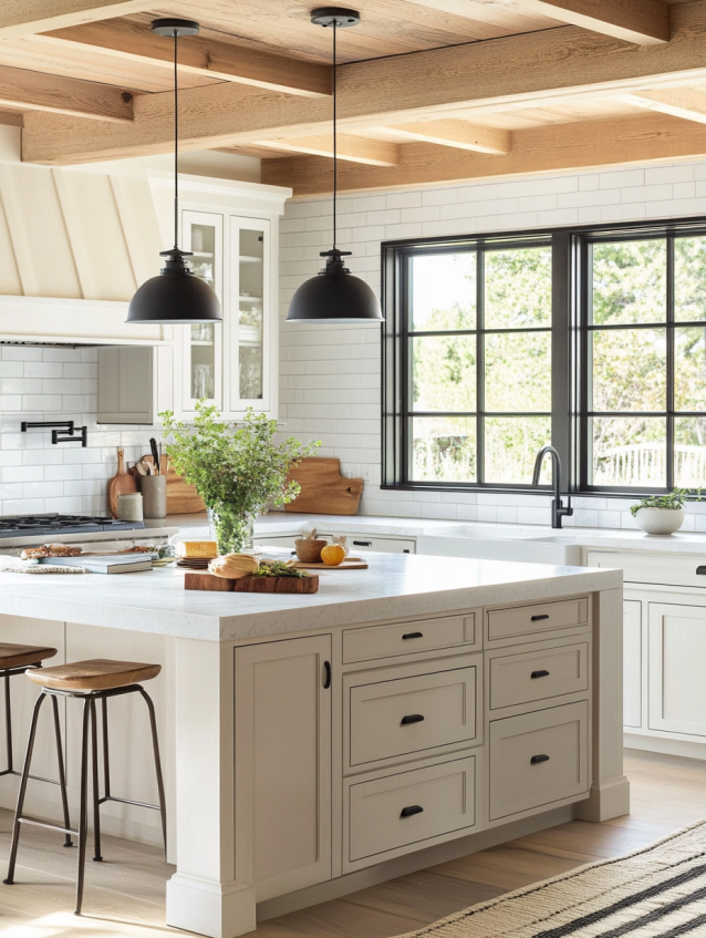 Light and airy farmhouse kitchen with cream cabinets, white quartz island, wood beams, black-framed windows, and greenery.