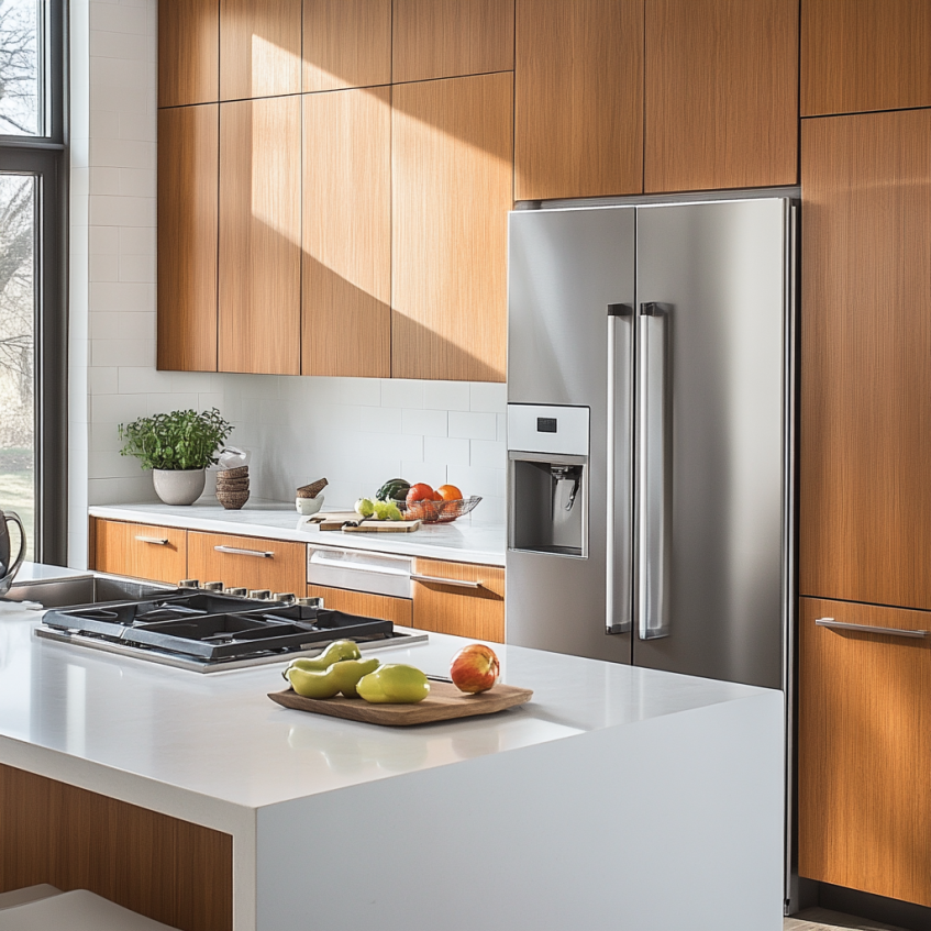 Light and airy kitchen with white frameless cabinets and natural wood accents.