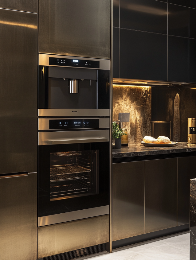 Luxurious dark kitchen with integrated coffee machine and oven, bronze cabinets, marble countertops and warm under‑cabinet lighting.