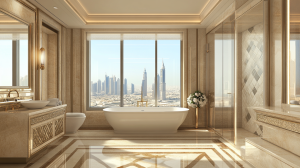 Elegant hotel bathroom featuring a freestanding bathtub, marble floors, and a breathtaking city skyline view through large windows.