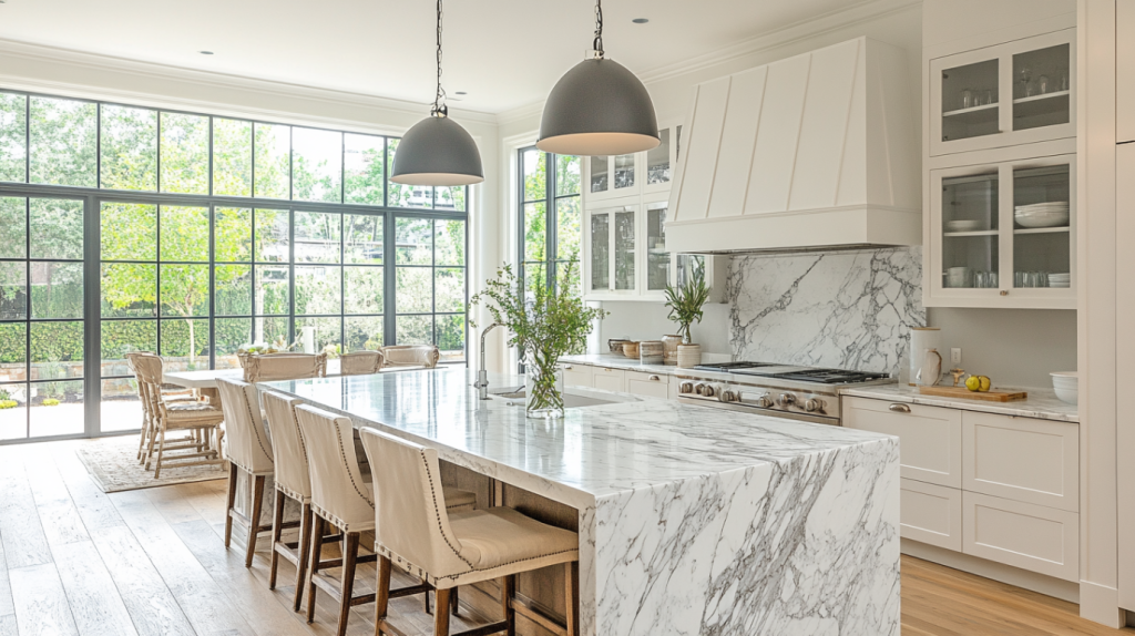 A luxurious marble kitchen island with clean lines and modern pendant lighting, creating a chic and airy atmosphere in a contemporary kitchen.
