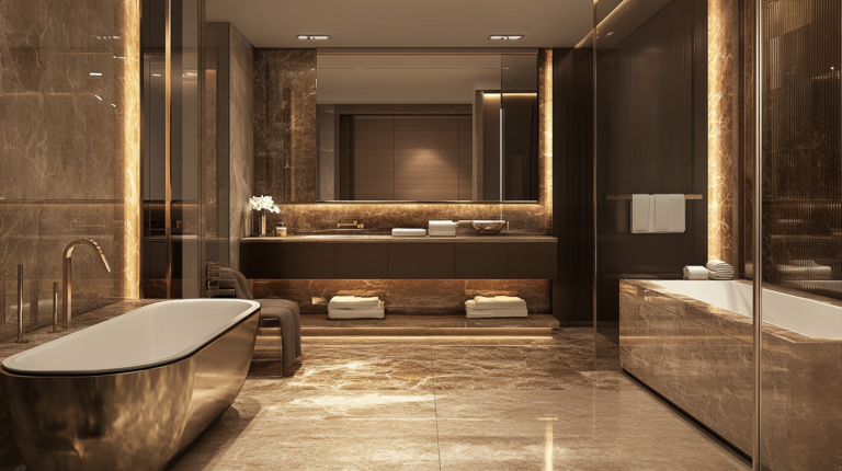 A luxurious modern bathroom featuring a marble bathtub, elegant vanity with ambient LED lighting, and a large mirror.