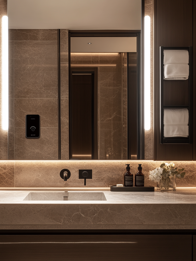 Stylish bathroom with backlit mirror and modern sink.