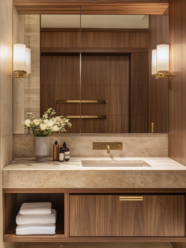 Modern hotel bathroom vanity with gold accents and marble countertop.