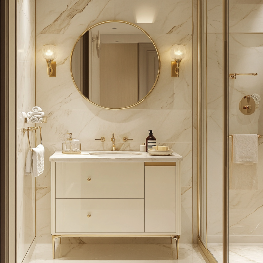 A marble bathroom vanity with gold accents in a luxury hotel bathroom setting.