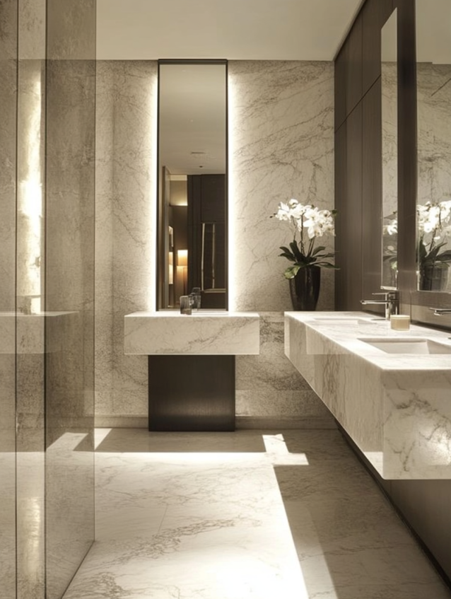 Modern hotel bathroom vanity with integrated lighting and marble finishes.