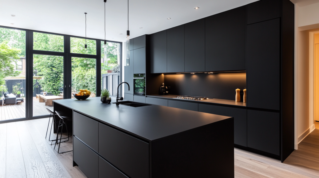 Modern kitchen with sleek matte black frameless shaker cabinets and minimalist design.