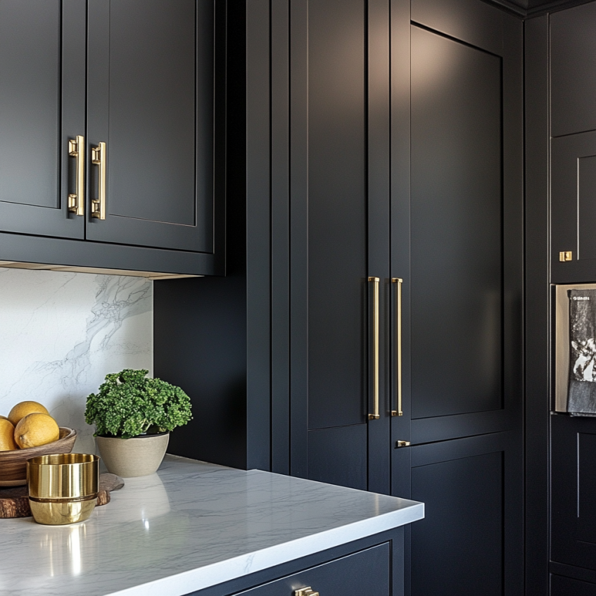 Kitchen with matte black frameless shaker cabinets, gold hardware, and white marble countertops.