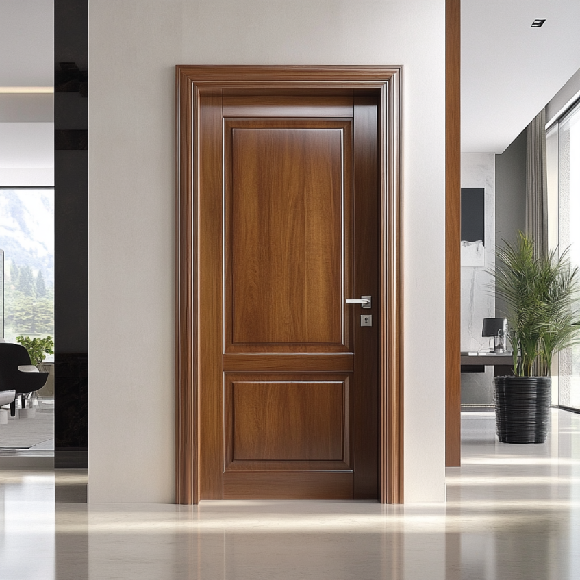 Interior design featuring custom wooden door and storage cabinets, designed to maximize space and style in a modern home.