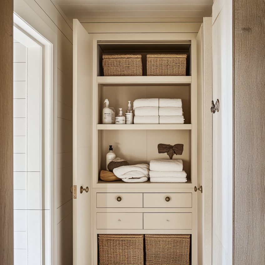 Modern sliding door with matching custom storage cabinets for a clean, organized living space.