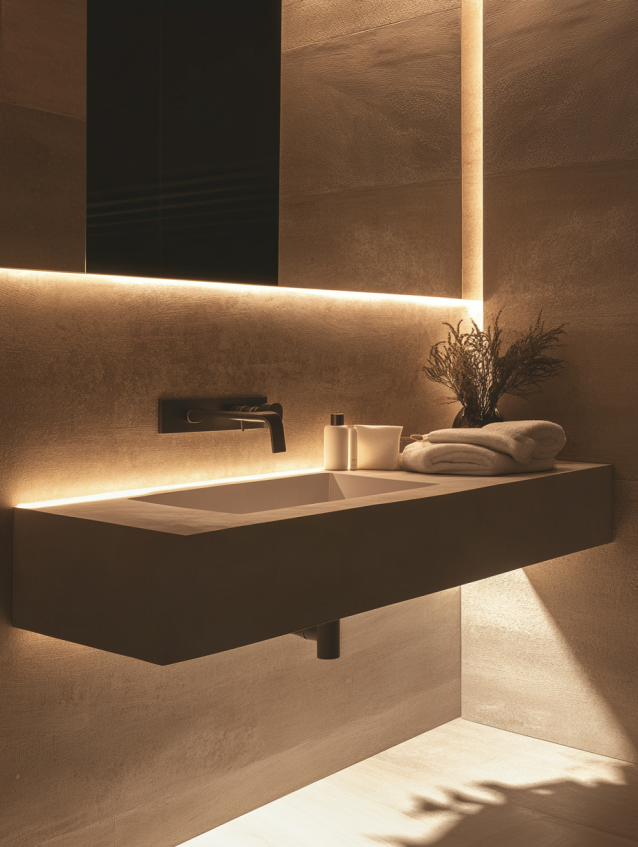 Minimalist hotel bathroom vanity with warm backlit lighting and sleek modern sink.