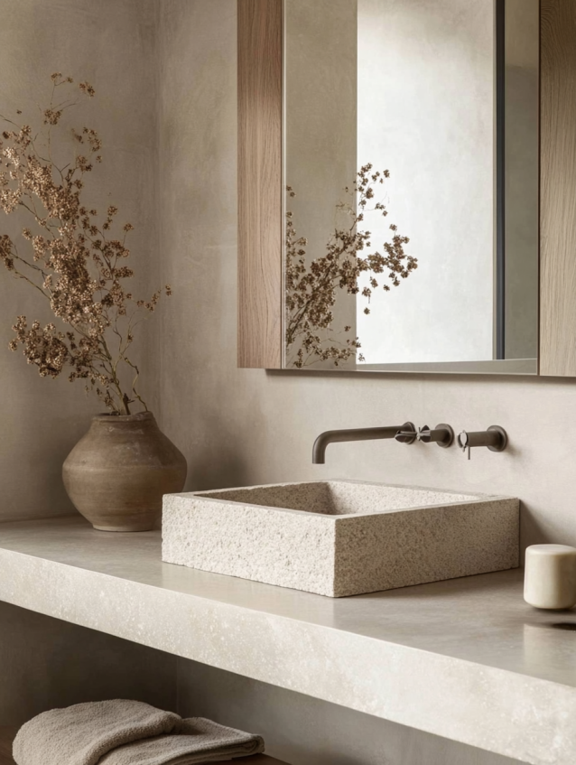A minimalist bathroom with a modern sink, soft lighting, and rustic wood elements for a warm and inviting look.