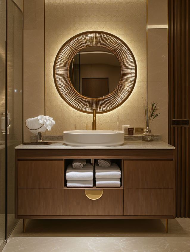 Modern minimalist bathroom with a stylish sink, soft lighting, and a clean design.