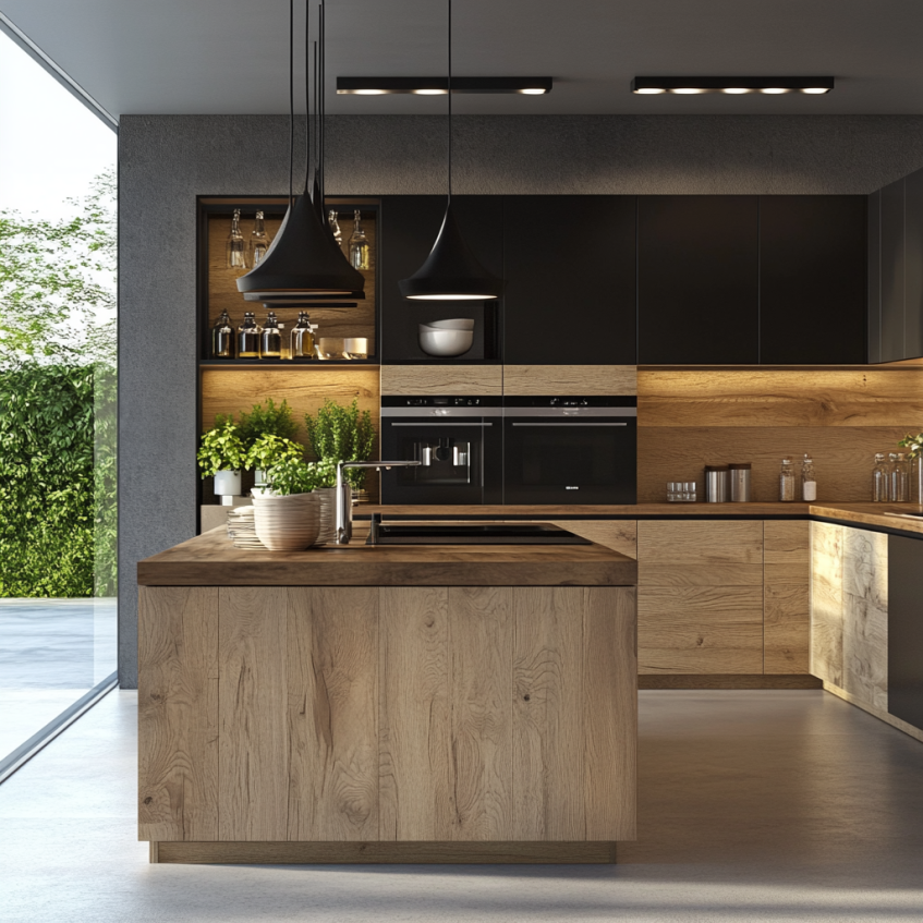 A modern black kitchen island with wood accents, complemented by sleek pendant lighting and contemporary design.
