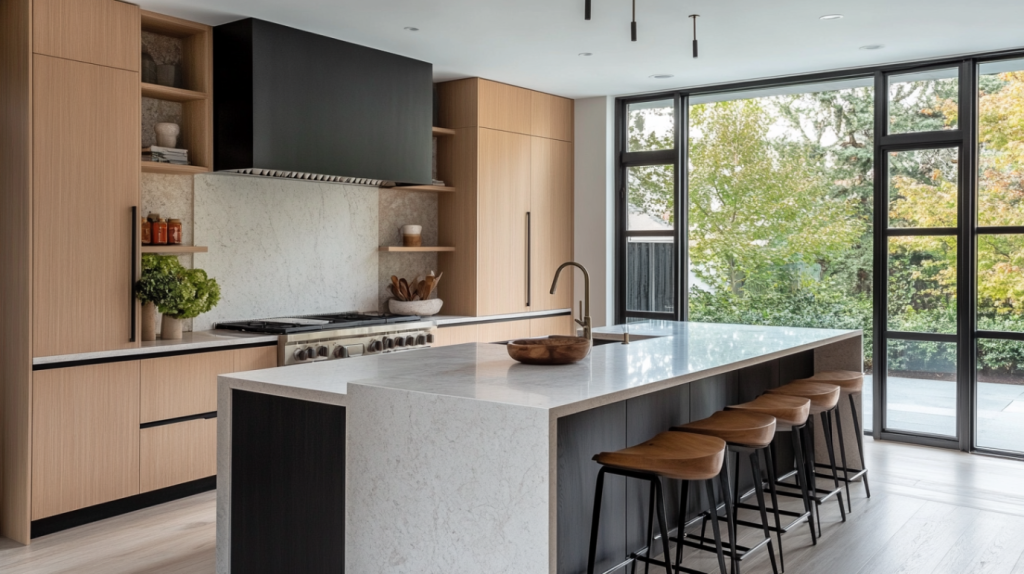 A minimalist kitchen with clean lines, hidden storage, and a neutral color palette.