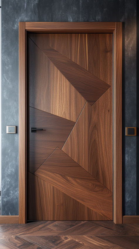 A sleek wooden bedroom door with diagonal panel patterns and a minimalist modern frame.