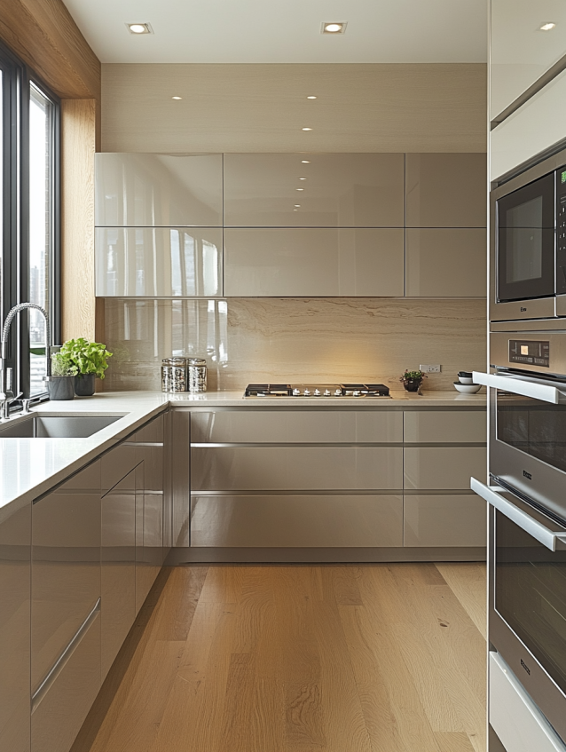 Glossy greige kitchen cabinets in a modern apartment with built-in ovens and beige stone backsplash