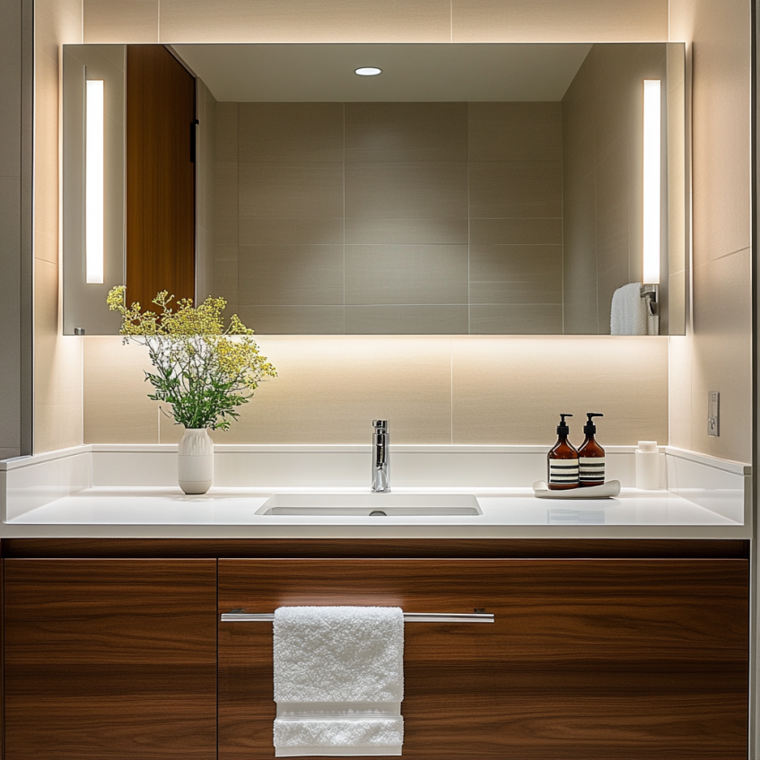 A modern hotel bathroom with a custom vanity, integrated sink, and LED lighting.