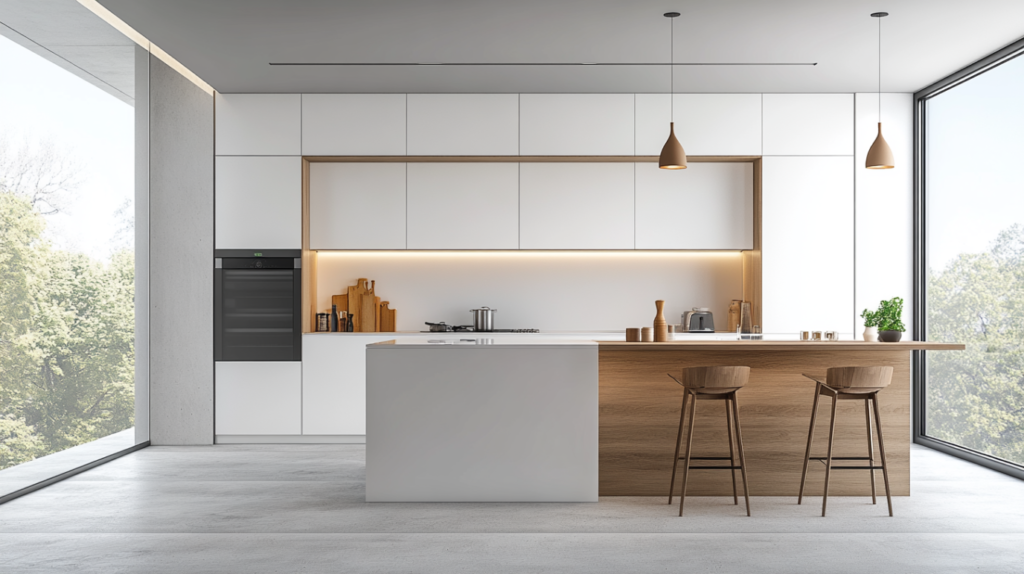 Bright kitchen with white frameless cabinets and wood accents on the island.