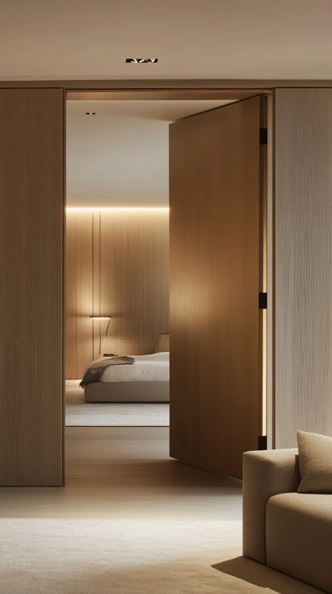 A minimalist wooden bedroom door with a hidden integrated handle, perfect for sleek and modern interior designs.
