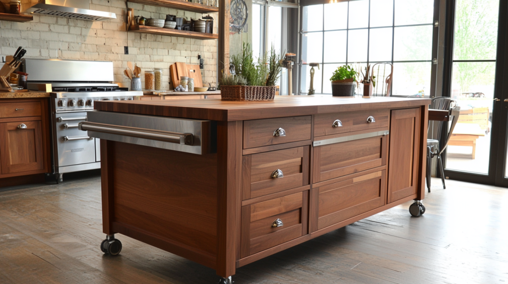 A mobile kitchen island with a wood and metal design, featuring ample storage and a versatile countertop, perfect for modern kitchens.