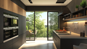 Modern minimalist kitchen design with sleek matte black cabinets, built-in ovens, and large sliding glass doors opening to a green outdoor view.