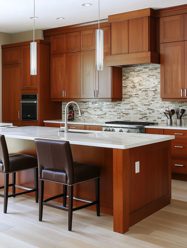 Modern cherry kitchen with mosaic backsplash, quartz island, stainless appliances and leather bar stools.