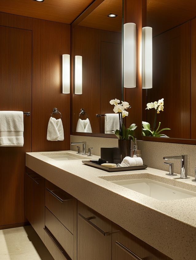Contemporary hotel bathroom vanity with quartz countertop and mirrored walls.