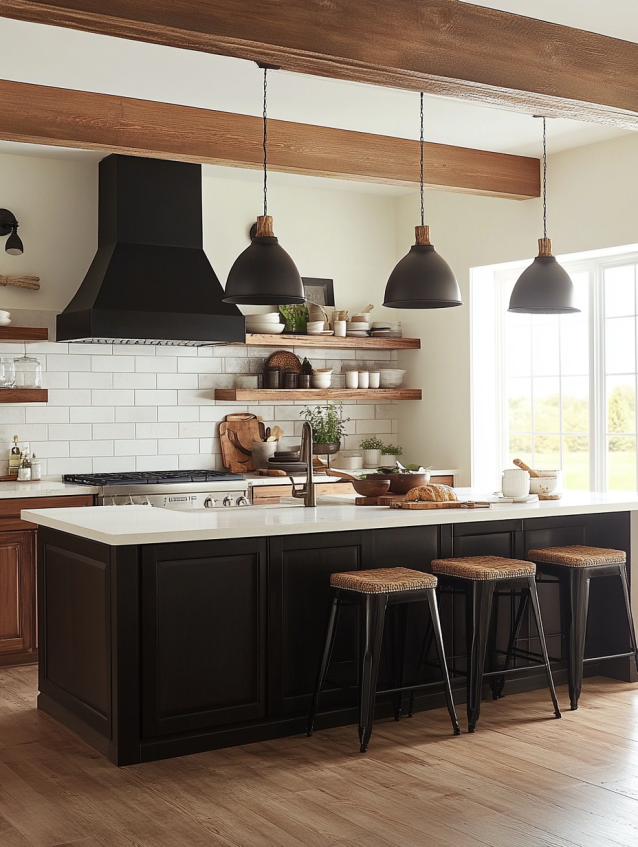 Modern farmhouse kitchen with black island cabinetry, white quartz countertop, wood shelves, subway tile backsplash, and black pendant lights.