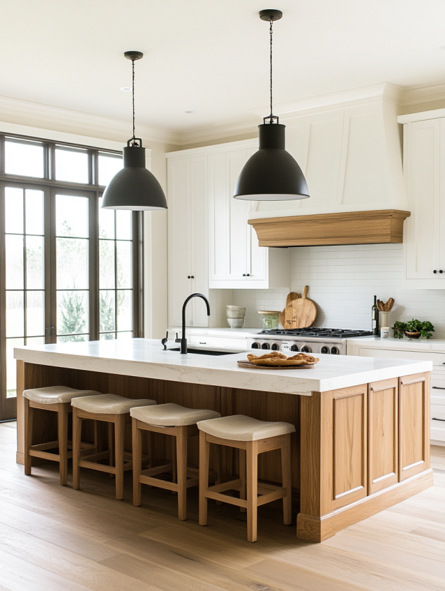 Modern farmhouse kitchen with white cabinets, wood island, black pendants and cushioned stools.
