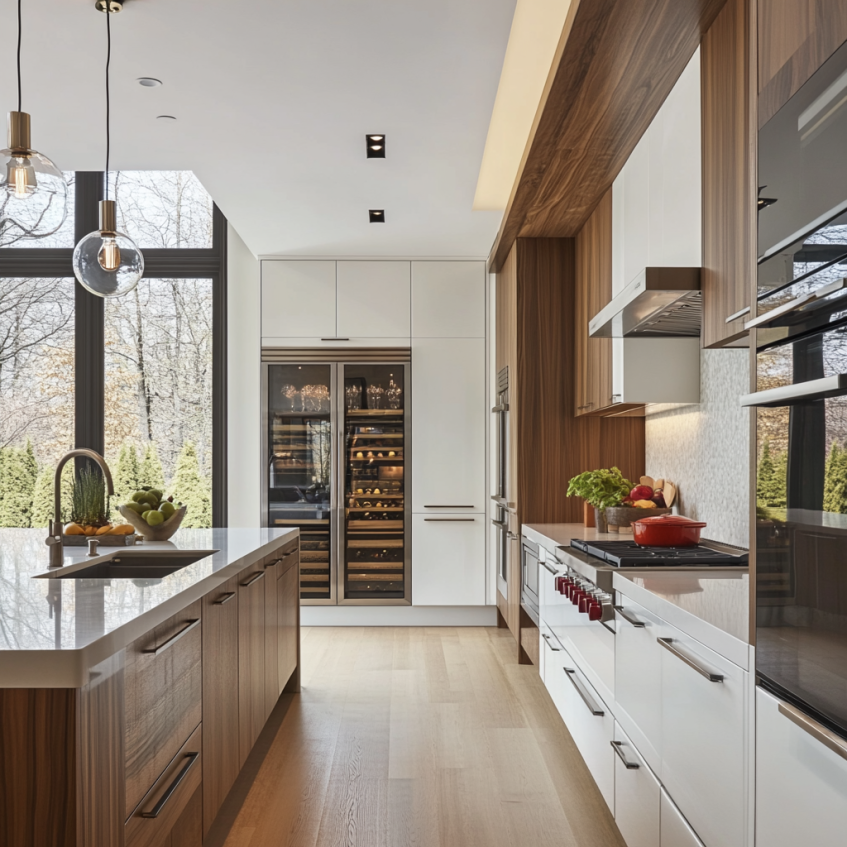 Modern Frameless Cabinets in White and Wood with Spacious Island