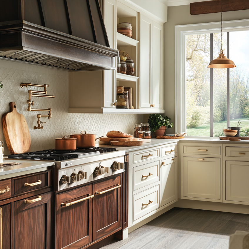 Beautiful modern kitchen with frameless cabinets in a combination of white and dark wood tones.